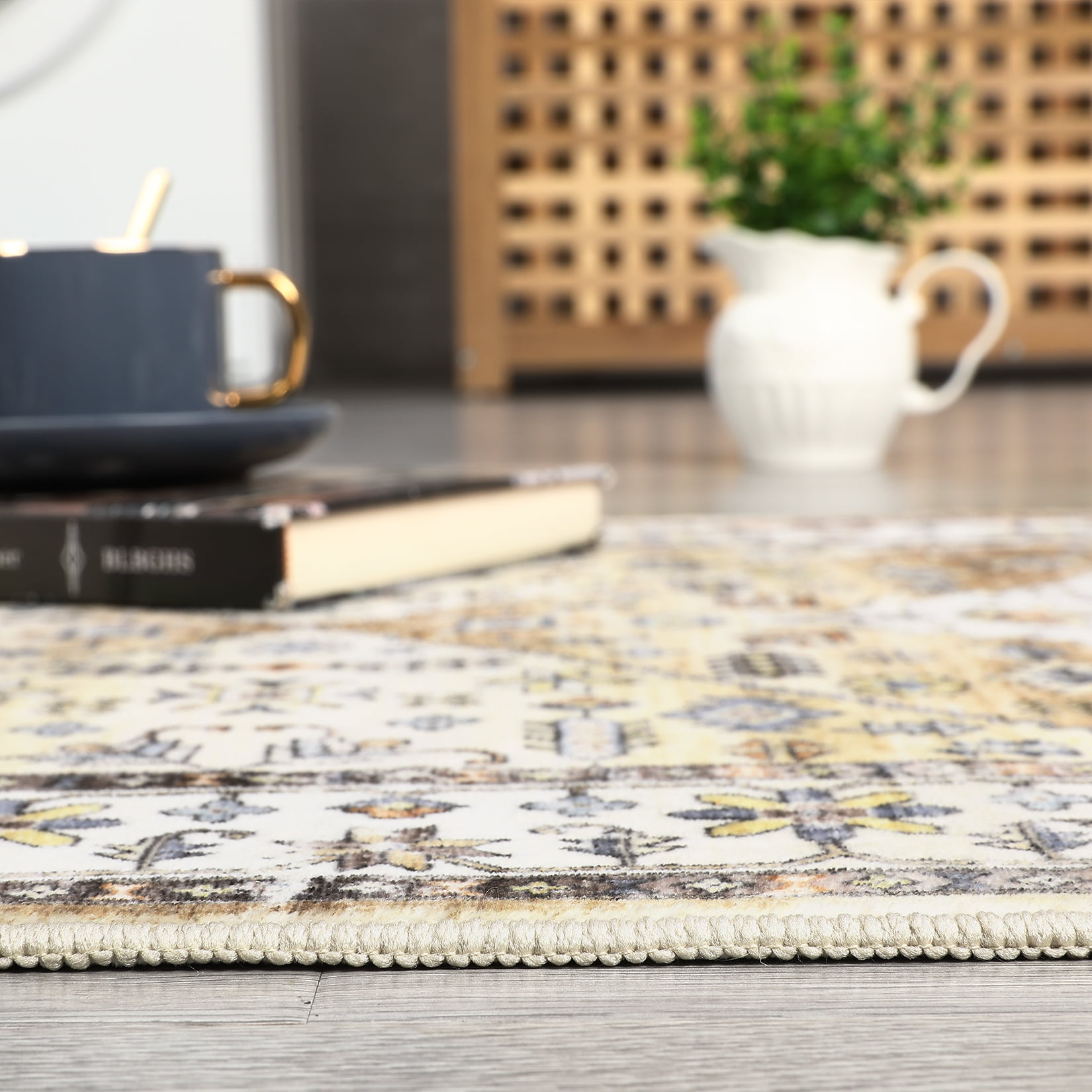 Garvee 6'x9' Vintage Area Rug Indoor Boho Distressed Carpet Floral Rug Stain-Resistant Foldable Thin Rug, Yellow