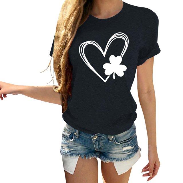 Pxiakgy Vente Chaude! T-Shirt Trèfle de la Saint-Patrick pour Femmes Chanceux Irlandais Manches Courtes T-Shirt Graphique Trèfle Mode Décontractée Imprimé Amour Col Rond Manches Courtes T-Shirt