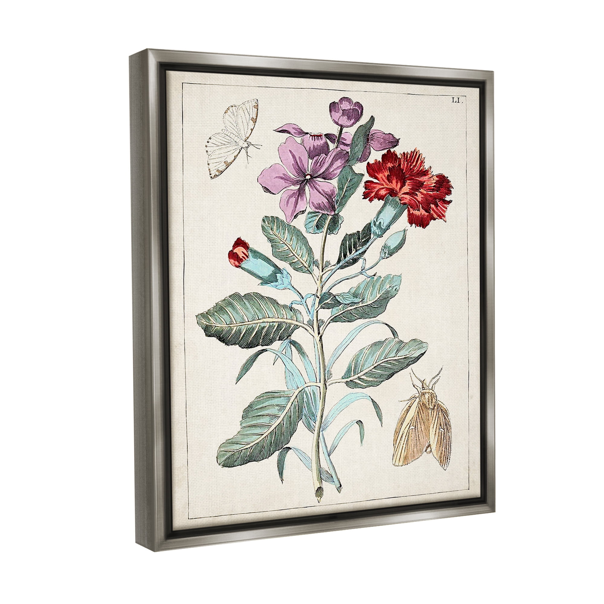 Stupell Industries Vintage Moths with Flowers Botanical & Floral Painting Gray Floater Framed Canvas Art Print Wall Art, 25 x 31