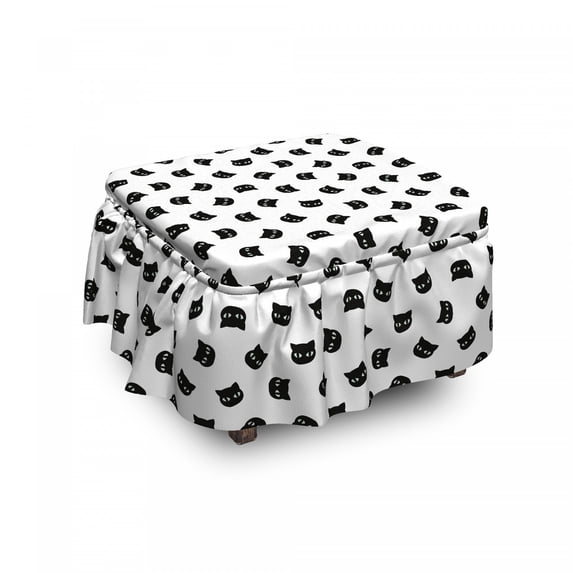 Black and White Ottoman Cover, Cat Portraits, 2 Piece Slipcover Set with Ruffle Skirt for Square Round Cube Footstool Decorative Home Accent, Standard Size, Black White, by Ambesonne