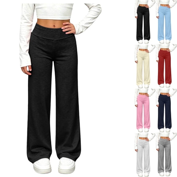 DJDLJWCJ Girls Wide Leg Pants Elastic Waist Stretch Soft Lounge Pants Solid Color Lightweight Pull-On Trousers Black Size 9