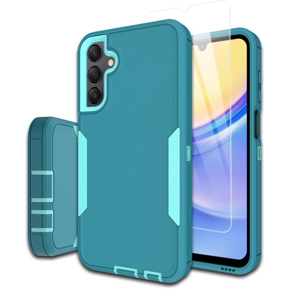 for Samsung Galaxy A15-5G Phone Case, and Screen Protector, Dust-Proof Port Cover, Full Body Non-Slip Rubber Covered, Wear-Resistant & Drop-Proof, Support Magnetic Car Mount, Mint/Teal