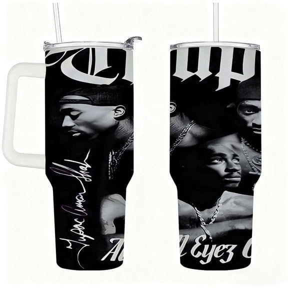 Black and White Hip Hop Portrait Stainless Steel Tumbler with Handle, Lid & Straw, Insulated Water Cup