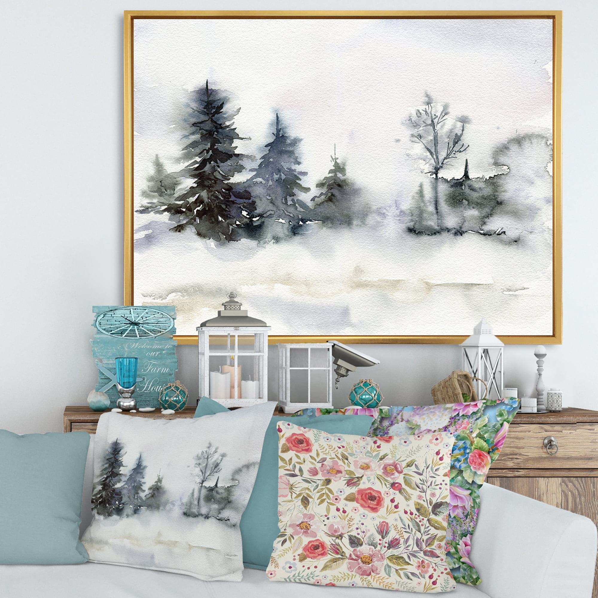 Designart 'Christmas Minimalistic Snow and Forest Landscape' Lake House Framed Canvas Wall Art Print
