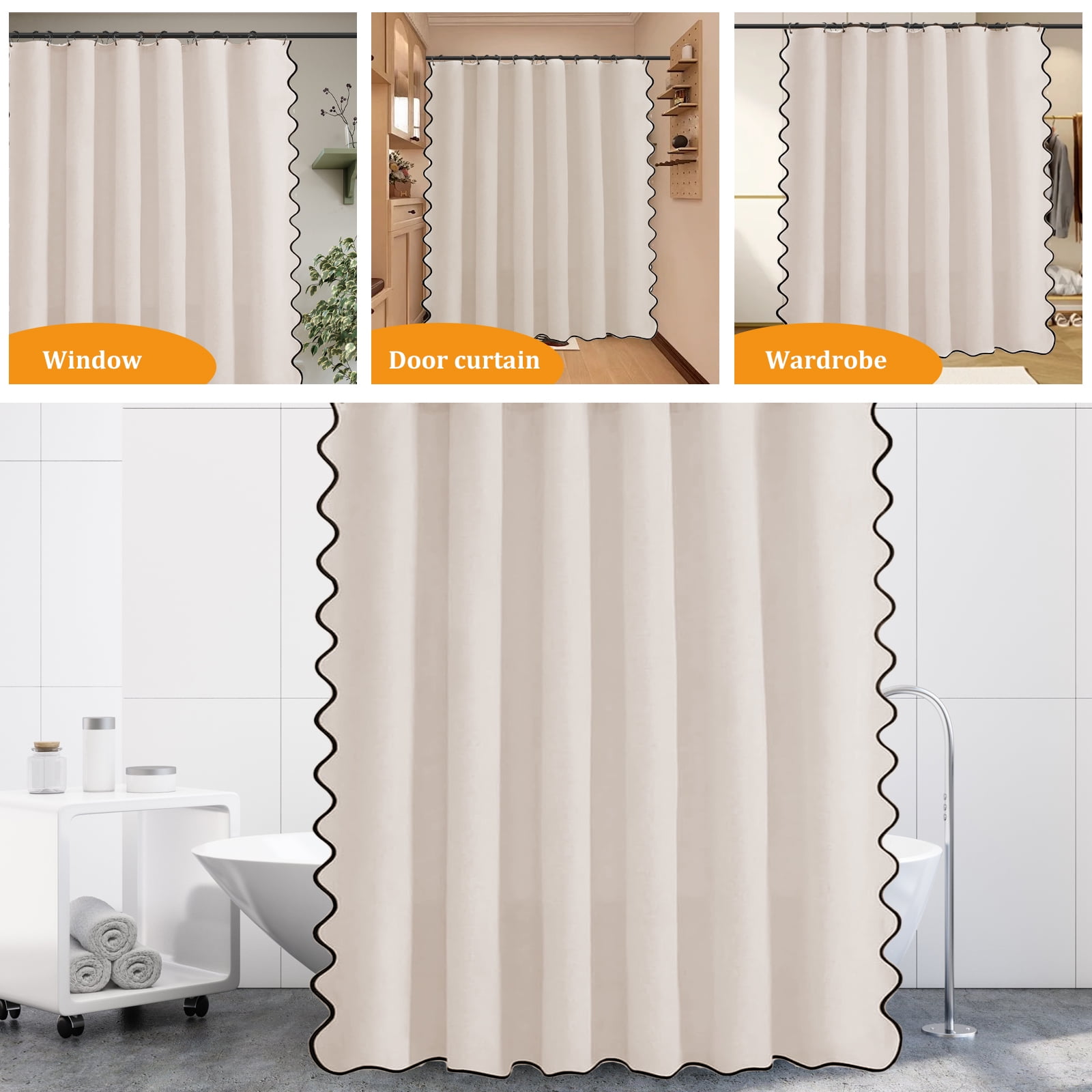 Dznils Black Scalloped Boho Shower Curtain with Hooks, Water-Repellent Thick Linen Fabric Bathroom Curtain, Beige, 72" x 72"