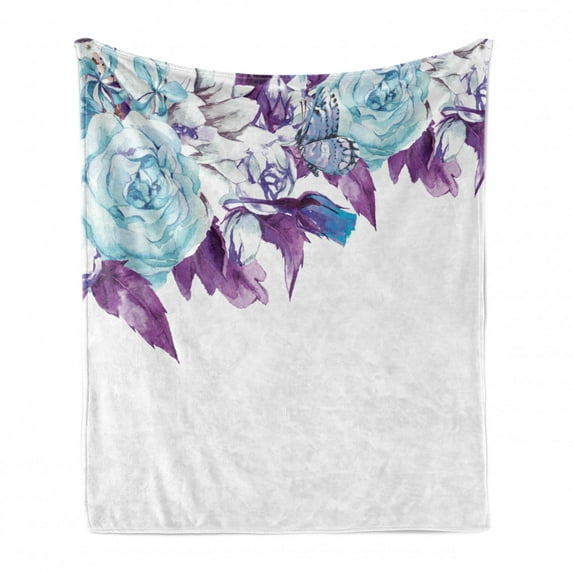 Floral Soft Flannel Fleece Throw Blanket, Vintage Classic Flower Petals Bridal Wedding Romance Shabby Form Design Art, Cozy Plush for Indoor and Outdoor Use, 70" x 90", Pale Blue Purple, by Ambesonne