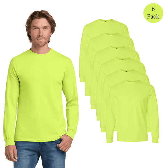 Gildan Adult’s Ultra Cotton Long Sleeve Safety T-Shirt, Hi Vis Rib Cuffs Workwear 6 Pack Safety Green Tee, S