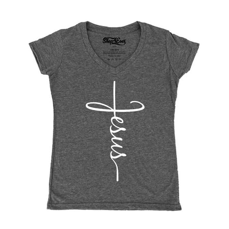 Shop4Ever Women's Jesus Cross Religious Slim Fit V-Neck T-Shirt