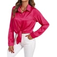 thumbnail image 3 of Blusas de Satén para Mujer, Camisas de Seda con Botones, Blusas Informales de Larga para Negocios Rosa Roja XL, 3 of 7