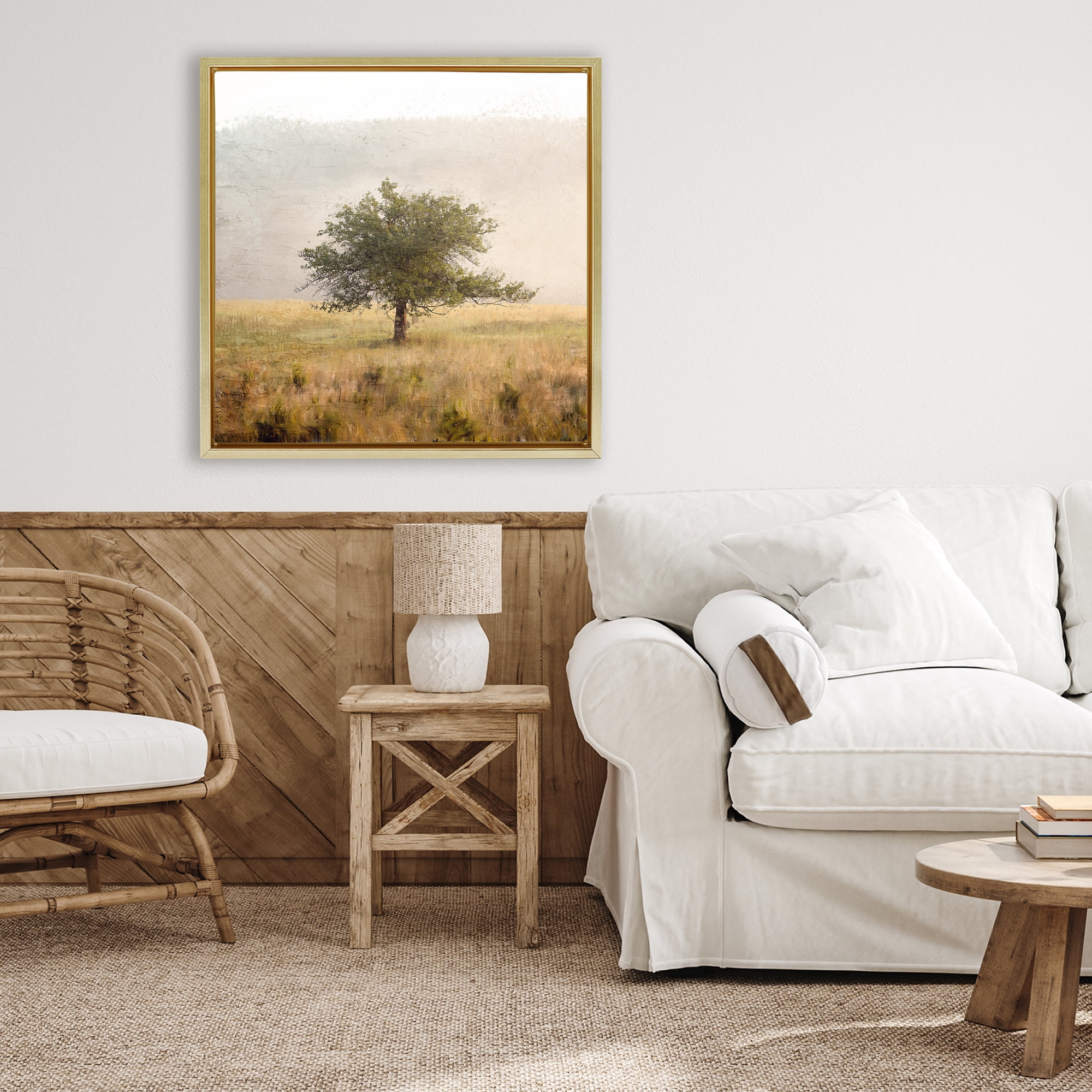 Stupell Industries Tree Alone in Golden Field Gold Framed Floater Canvas Wall Art, design by Anne Bailey