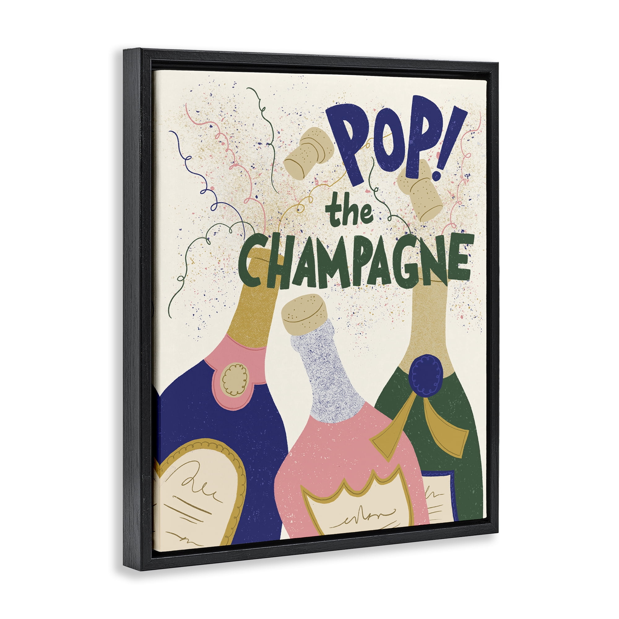 Stupell Industries Pop The Champagne Celebrate Food & Beverage Painting Black Floater Framed Canvas Art Print Wall Art, 25 x 31