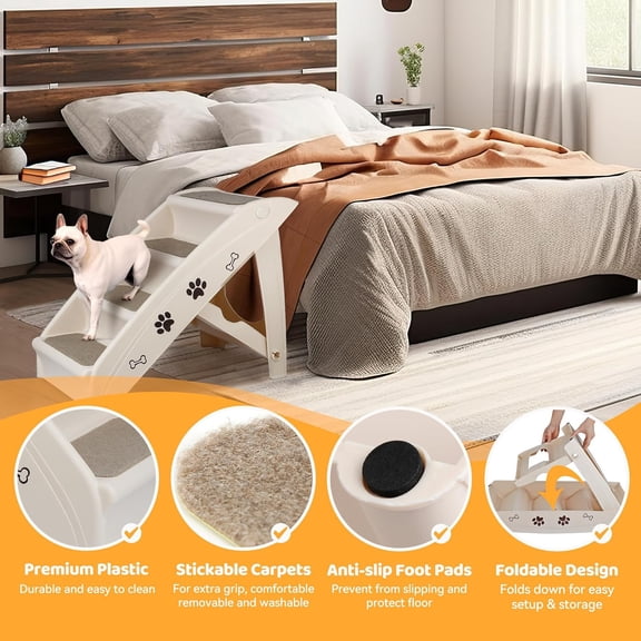 Dog Stairs for High Beds, Foldable Pet Steps Ramp with Non-Slip Bottom for Cats and Small Dogs, Portable Waterproof Dog Steps