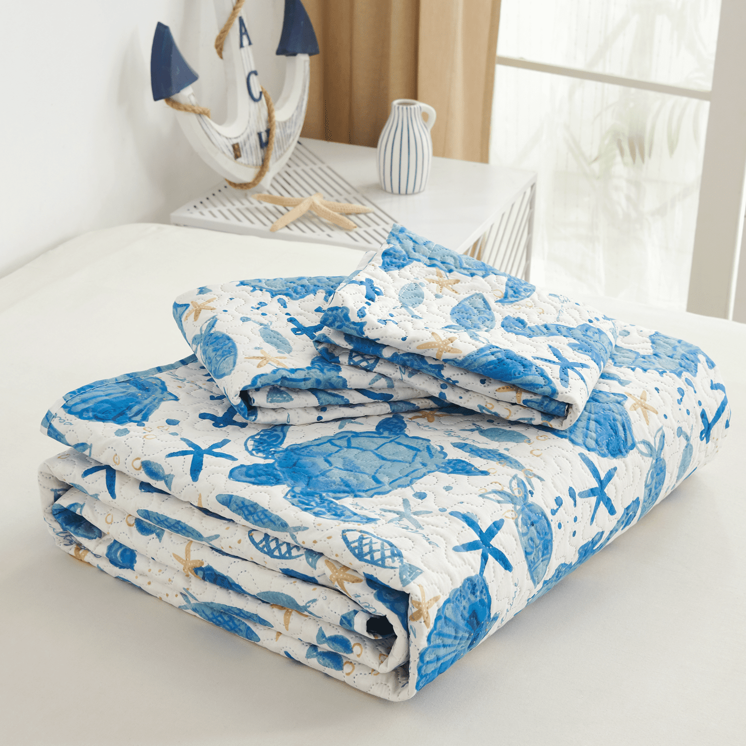 Green Essen 3 Pieces Solid Color Quilt Set Twin Size,Soft Microfiber Bedding Sets Lightweight Bedspread Reversible Coverlet Bed Cover(ocean shell)