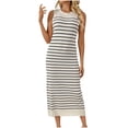 thumbnail image 2 of Honeeladyy Womens Sleeveless Striped Knit Slim Maxi Dresses 2024 Crew Neck Pencil Bodycon Tank Dress Black M, 2 of 6