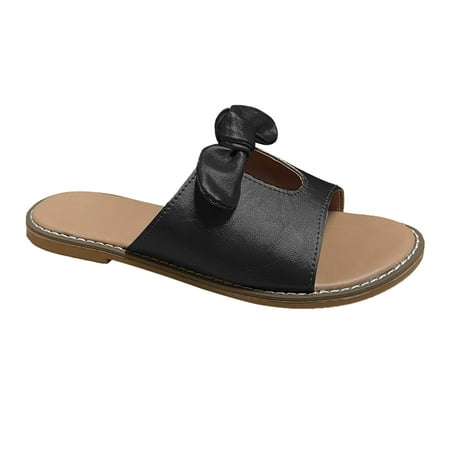 

iOPQO Women s slipper Summer Womens Ladies Flat Bowknot Hollow Peep Toe Slip On Slippers Beach Shoes Large Size Flat Bottom Bow Black 41