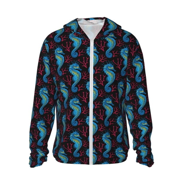 Fotbe Blue Seahorse Chaqueta con Protección Solar UPF 50+ para Hombre y Mujer, Camisa con Capucha y Bolsillos-XX-Large