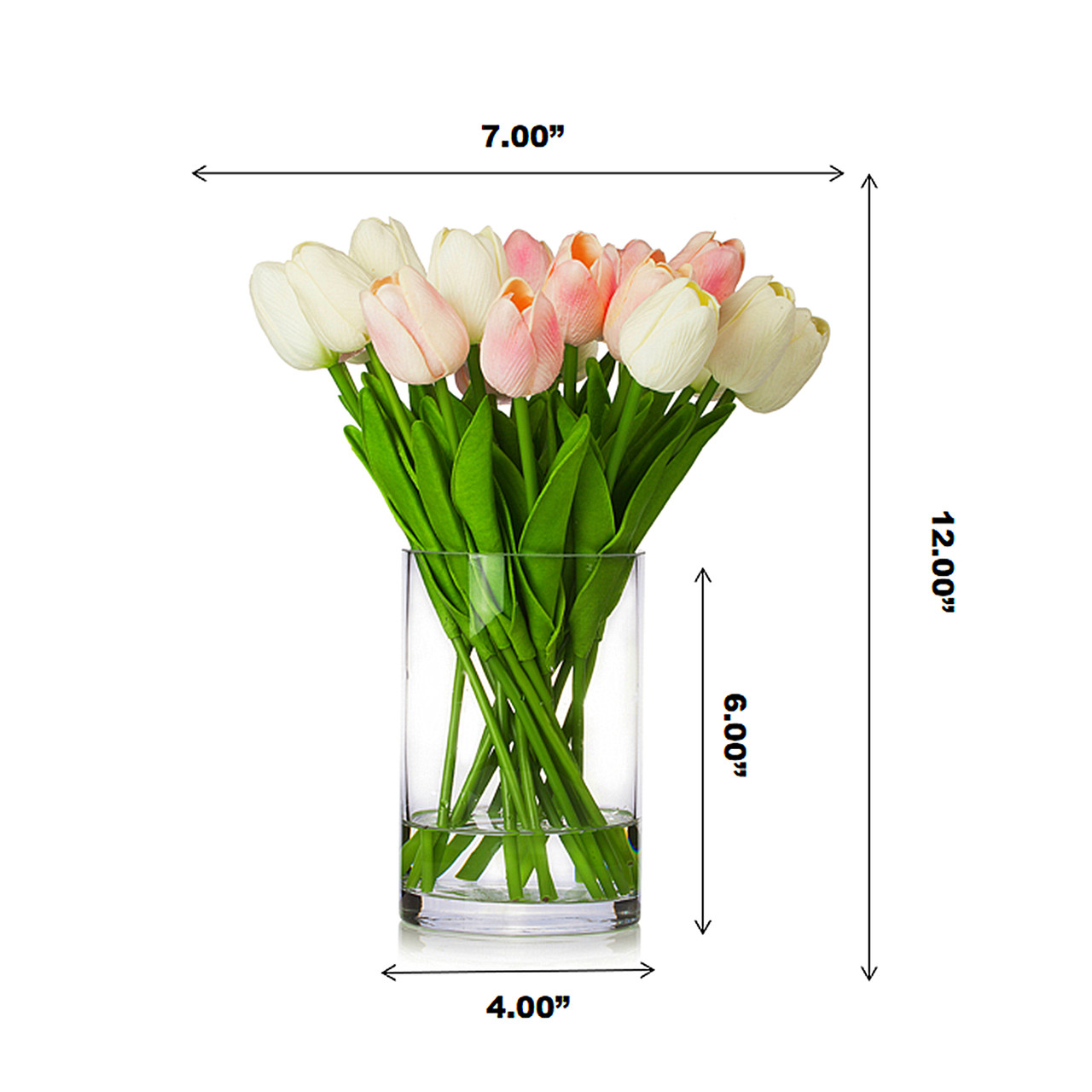 ENOVA FLORAL 20 Heads White Tulips Real Touch Artificial Flowers in Vase, Fake Tulips Flowers with Vase and Faux Water for Dining Table Decoration