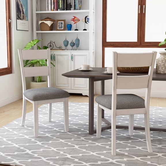 Irga Ladder Back Solid Wood Side Chairs, Set of 2, Antique White and Gray