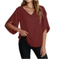 thumbnail image 2 of Sokhug Womens 3/4 Sleeve Butterfly Sleeve V Neck Blouse Loose Fit Chiffon Casual Flowy Solid Color Summer Shirts, 2 of 8