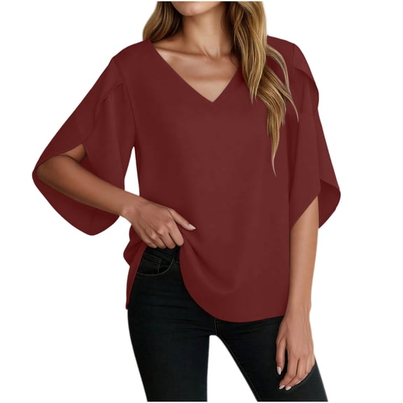 Kezqiaxn 3/4 Sleeve Tops for Women V-Neck Ruffled Casual Loose Shirts Summer Business Dressy Work Blouses