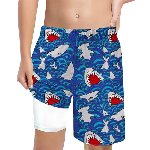 Hienoo Big Boys Shark Print Swim Trunks with Compression Liner Beach Shorts