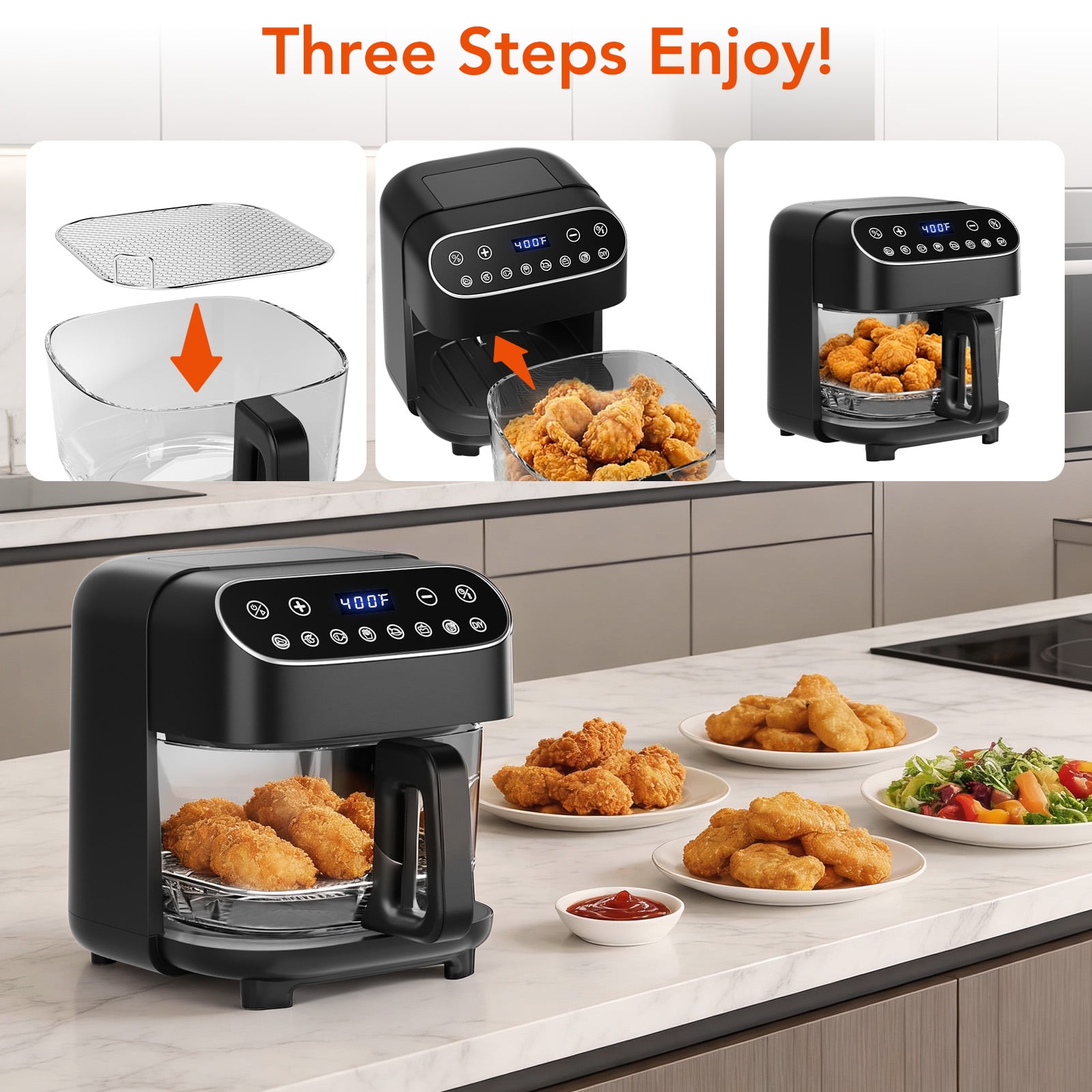 KNDKO 8-in-1 High Glass Air Fryer, Roast, Reheat, Dehydrate & Fries, PFAS-Free Non-Stick & Coating-Free, 4.5QT Compact Design, 400°F Max Temp with View Window & Dishwasher Safe Parts