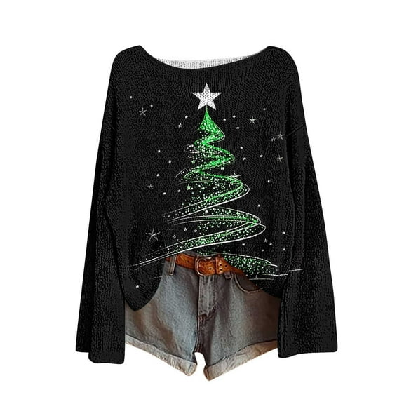 yardsong Xmas Trees Imitation Sweater for Women - Boat Neck Ugly Christmas Pullover Long Sleeve Graphic Holiday Tops Black,XXL