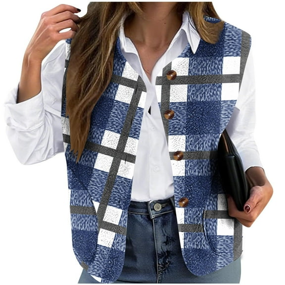 Generic Women's Flannel Plaid Vest Tops Button Down Collared Sleeveless Jacket Plus Size Casual Vest with Pockets