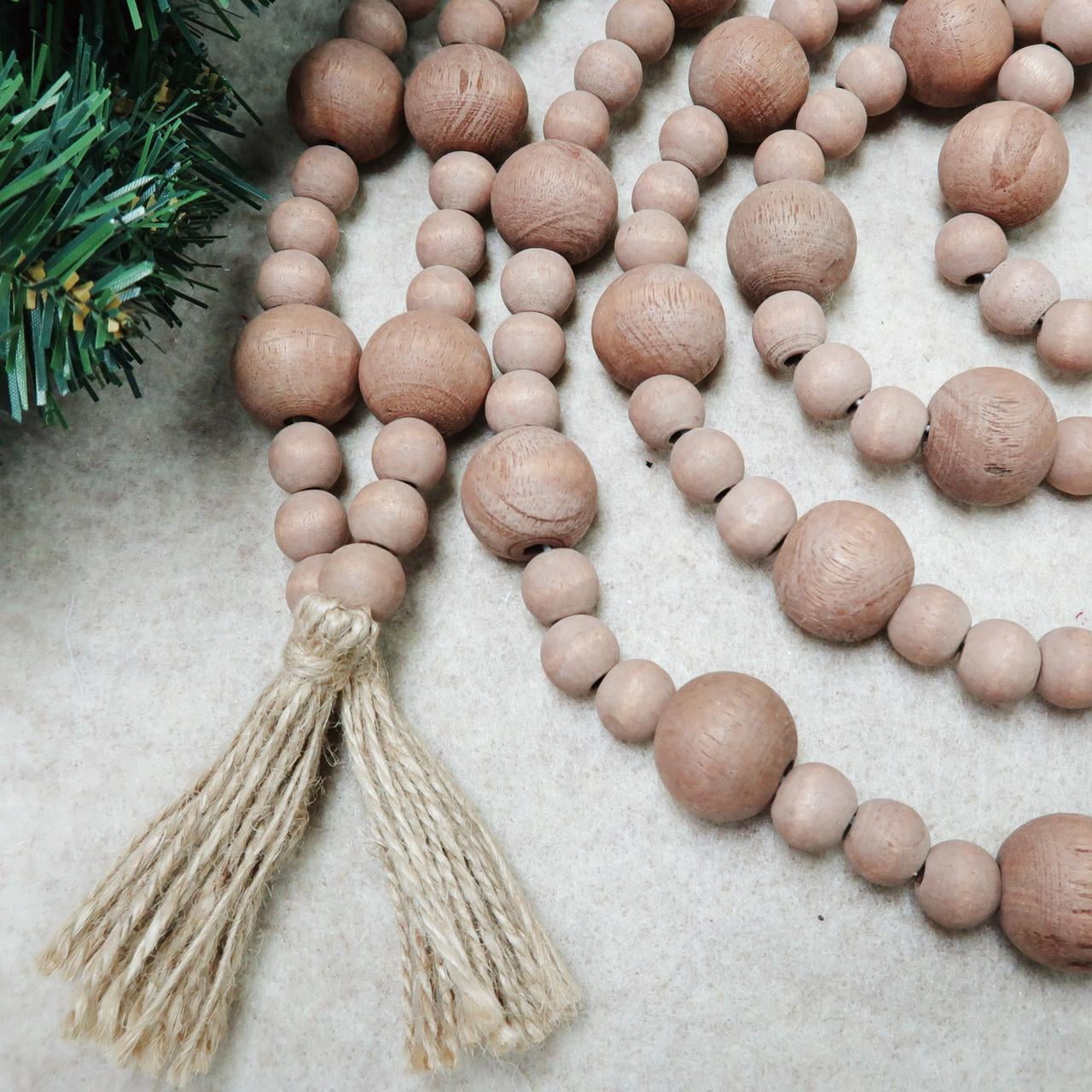 Holiday Time Wood Bead Garland with Natural Tassels, 9'