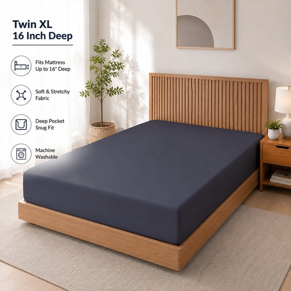 Twin XL Fitted Sheet Only, 16 Inch Deep Pocket, Soft Microfiber Hotel Style Mattress Cover, Easy Care Bottom Sheet, Dark Grey Solid