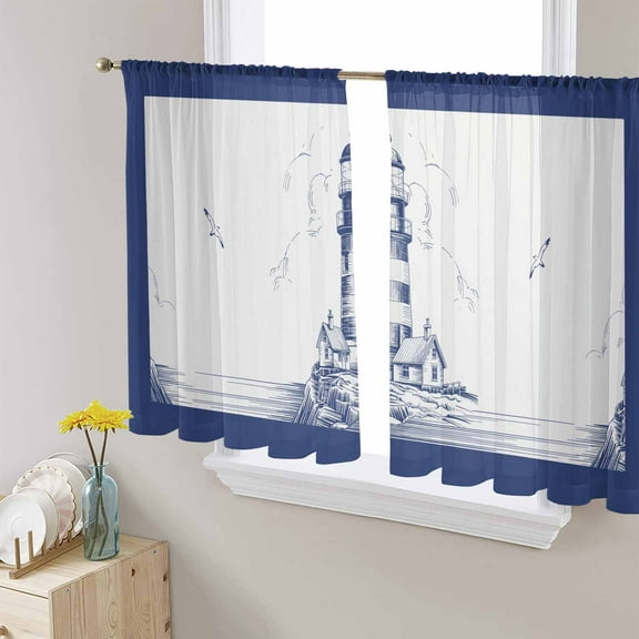 Lighthouse Semi Sheer Curtains 54 Inch Length 2 Panels Set, Ocean Seagull Vintage Navy Blue Coastal Boat Sheer Kitchen Curtain Privacy Voile Window Curtain for Living Room Bedroom Rod Pocket Drapes