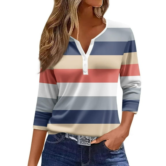 Summer Oversize Tops For Women Casual Solid 3/4 Sleeves Buttons V-Neck Multicolor-A Gym Workout Clothes S-3XL