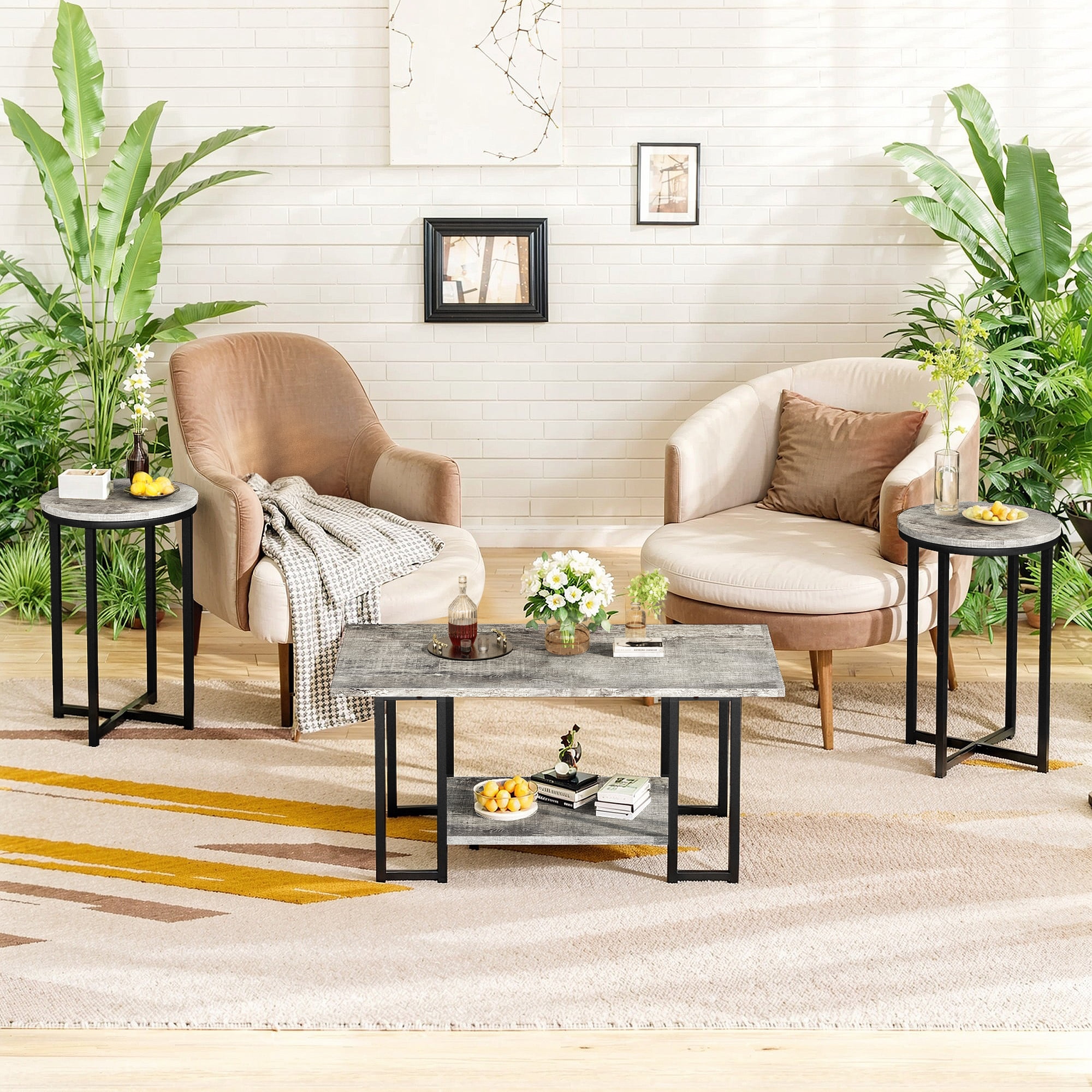 Baxluxe Coffee Table Set of 3, Faux Marble Coffee Table with 2 Round End Side Tables, Modern Living Room Table Set with Metal Frame for Apartment Home Office Small Place, Gray