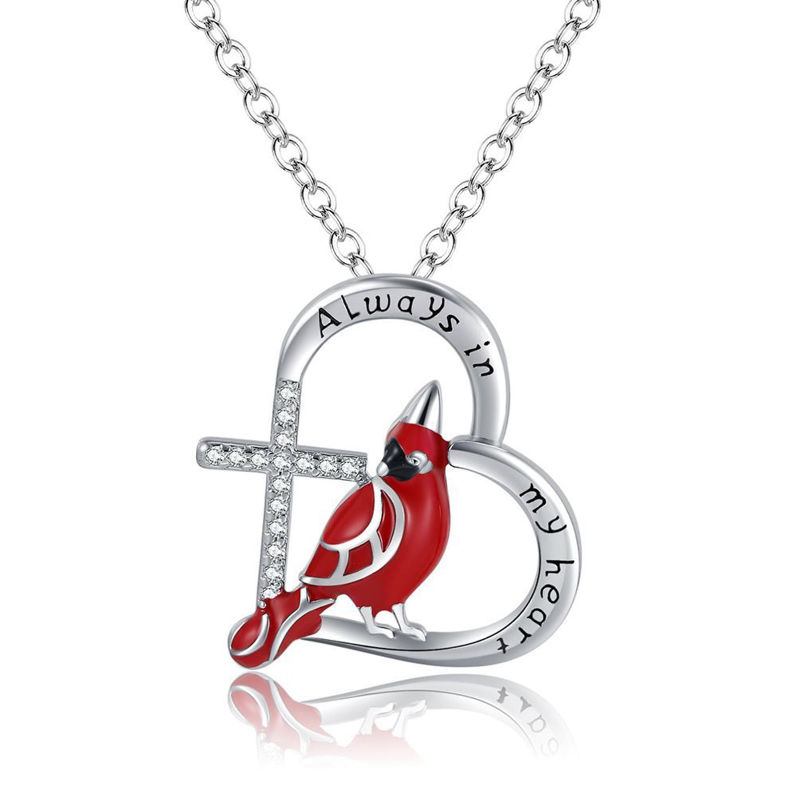 Silver Engraved Angel Red Bird Cardinal Heart Pendant Necklace