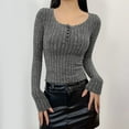 thumbnail image 1 of Chandails à Manches Longues pour Femmes Automne Hiver Bouton Col Rond Hauts Extensibles Décontractés Blouses Côtelées Gris P, 1 of 4
