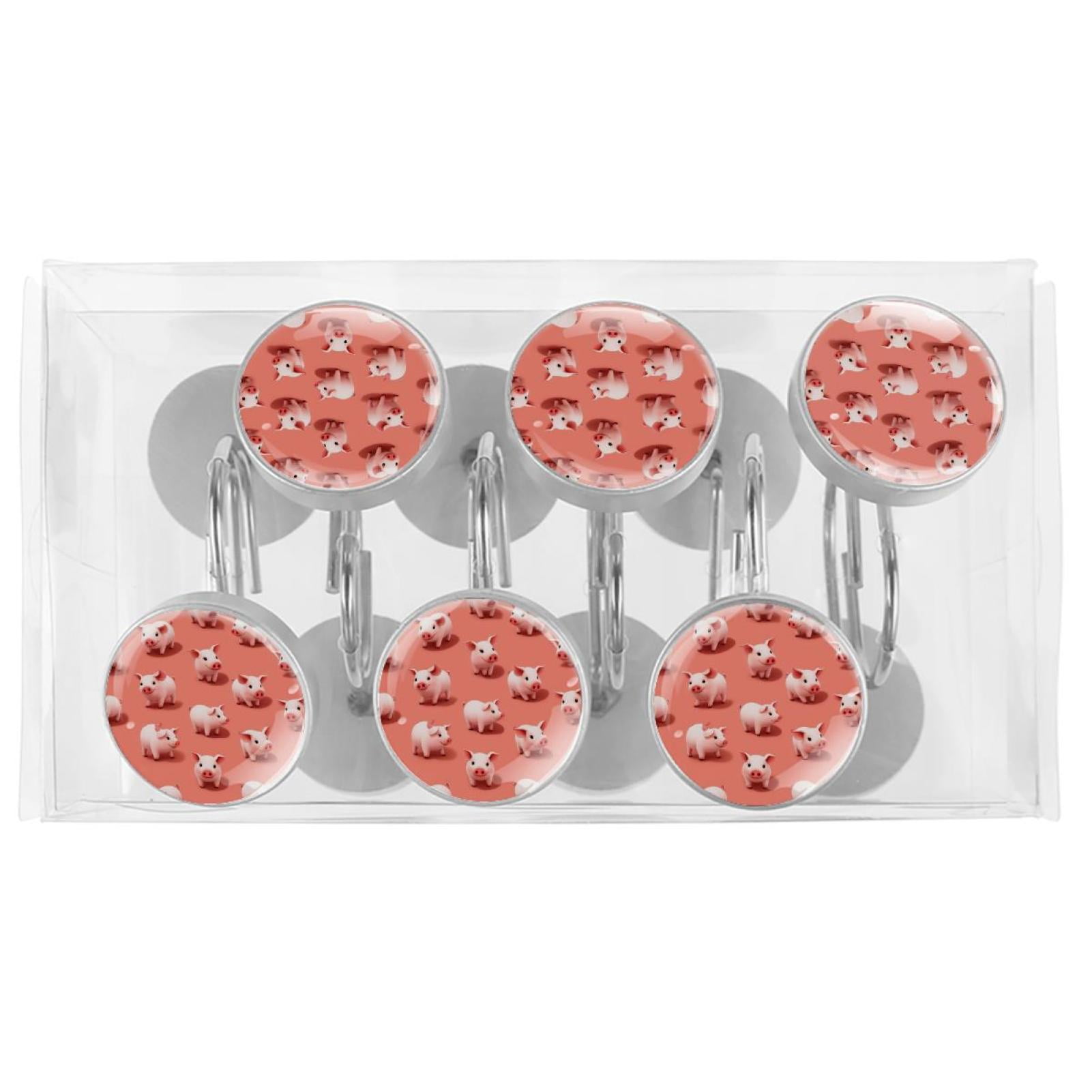 12pcs Decorative Shower Curtain Hooks, Rust Resistant Shower Rings for Bathroom Living Room,Rustproof Stainless Steel Rings for Shower Curtain and Liner Rods,Pig Pink Background