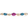 thumbnail image 3 of 925 Silver and 10K Yellow Gold Pink Created Sapphire and London Blue Topaz and Lab Grown Diamond Bracelet for Women | 2.16 Cttw | Gemstone September Birthstone | Oval 7X5MM | Fully Adjustable 9", 3 of 5