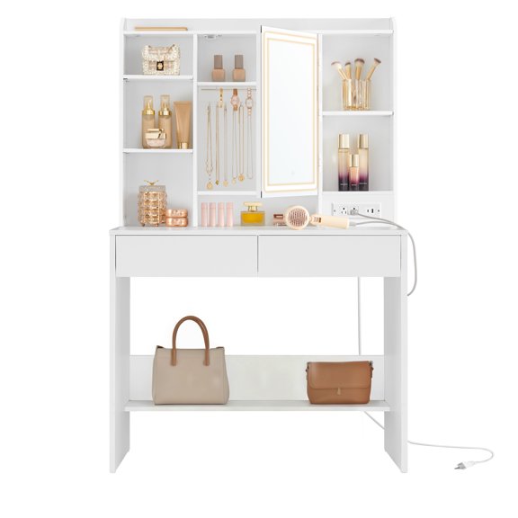 Vanity Desk with Power Outlets, Makeup Vanity with Mirror and Lights, Dimmable LED Lights, 6 Compartments, 2 Drawers, Cloud White