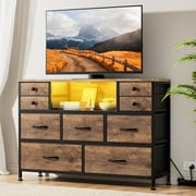 GIKPAL 9 Drawer Dresser, Dressers for Bedroom TV Stand with Power Outlets LED Lights, Fabric Dresser Chest of Drawers for up to 50" TV, Brown