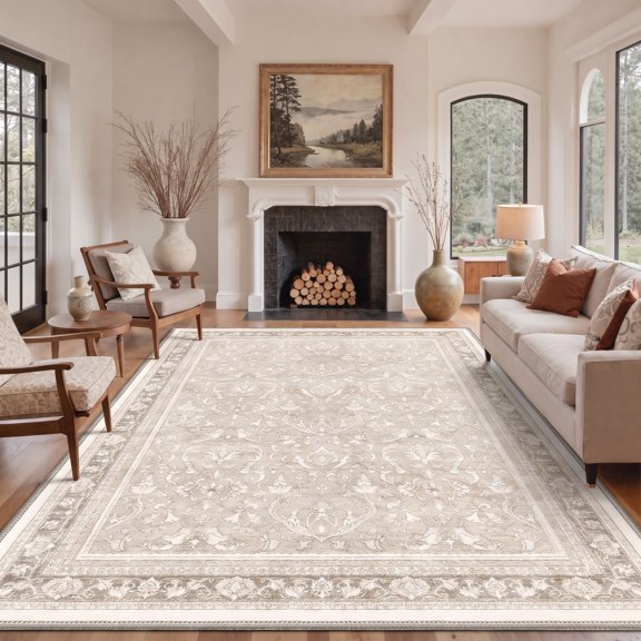 KUETH 8X10 Vintage Area Rugs Machine Washable Rugs for Living Room, Non Slip Flat Pile Rug with Rubber Backing, Boho Rug for Entryway Bedroom Dining Room Home Office