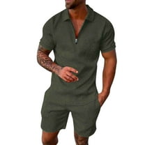 Tiweut Mens Outfits Sets Male Two Piece Loose Fit Zipper Lapel Short Sleeve Blouse Drawstring Pocket Shorts Man's Clothes Suit Army Green,L
