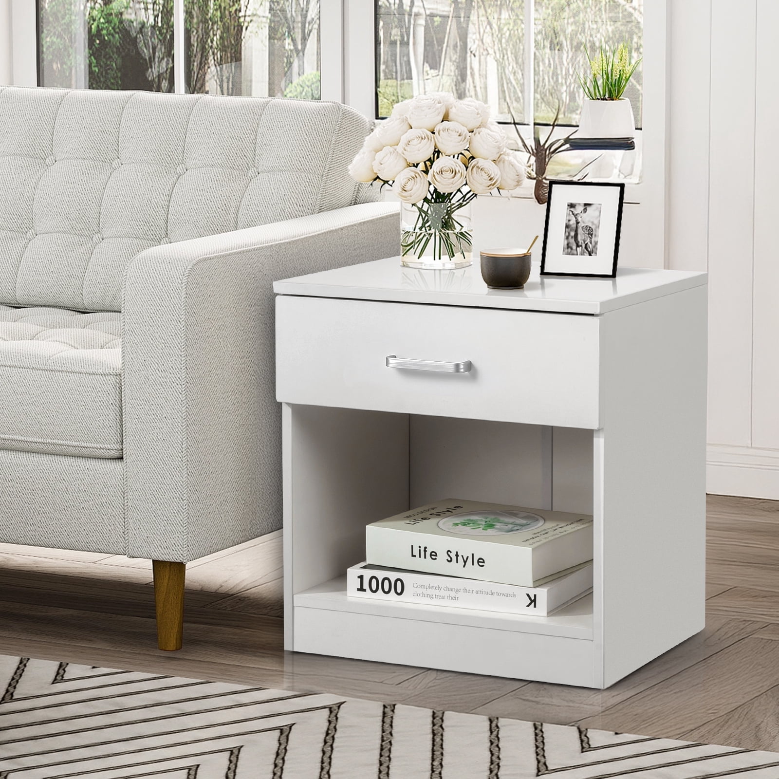 Zimtown White Set Of 2 Wood Elegant Night Stand W/1 Drawer Storage Beside End Table