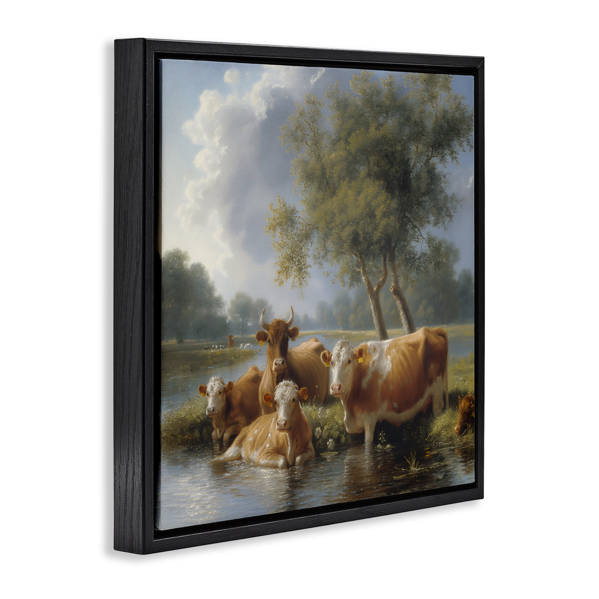 Stupell Industries Cow Family Charming Scene Animals Painting Black Floater Framed Canvas Art Print Wall Art, 18 x 18