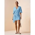 thumbnail image 5 of Blue Linen V-Neck Wrap Mini Dress With Side Tie, Casual Summer Style, 5 of 8