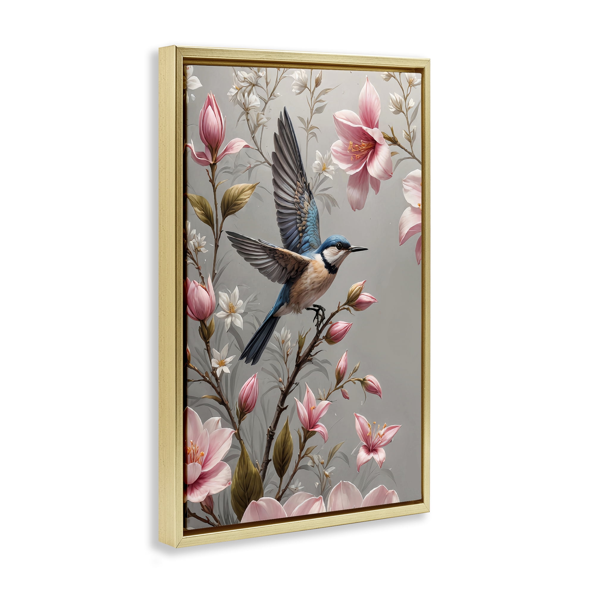 Stupell Industries Soft Pink Florals with Bird Animals Painting Gold Floater Framed Canvas Art Print Wall Art, 17 x 25
