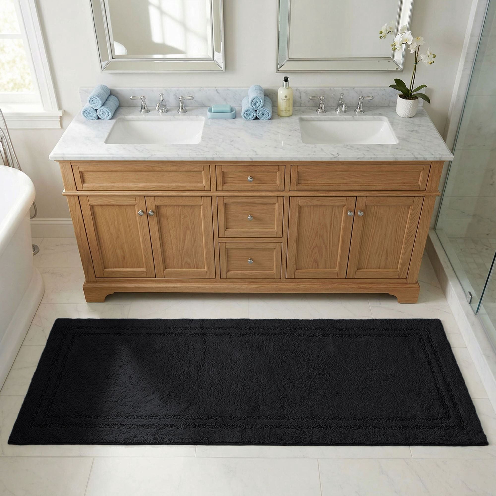 Superior Solid Bordered Cotton Washable Non-Slip Bath Rug, Runner Size, Black