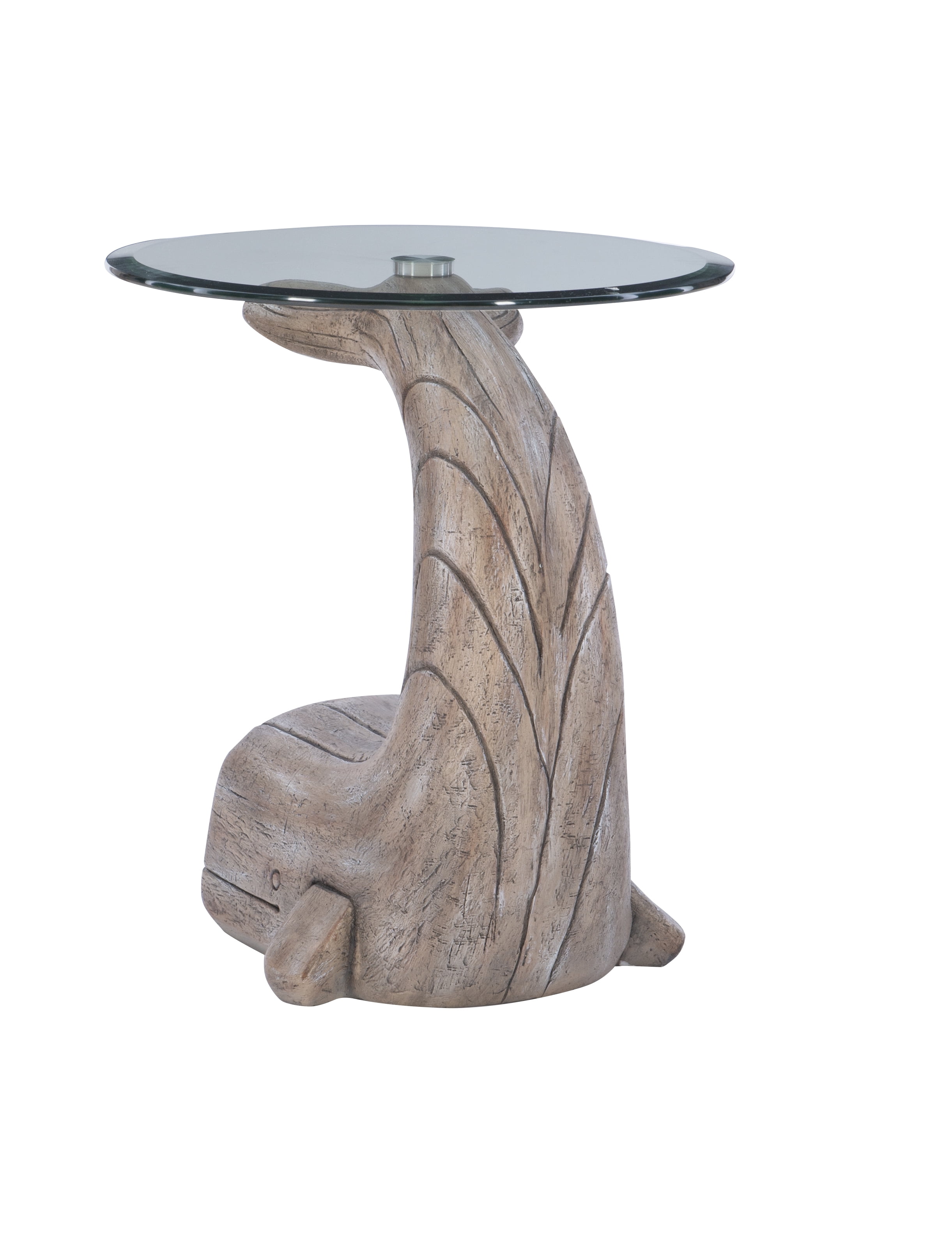 Powell Wendy Whale Indoor Accent Side Table with Glass Top, 23" Tall, Distressed Natural Driftwood