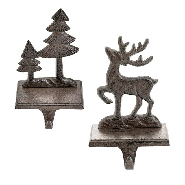 Sungmor Soportes p/Calcetín de Navidad, 2 pzas ganchos de repisa de hierro fundido, decoración del hogar y regalos de temporada; colgadores antideslizantes y resistentes con patrón de árbol y reno