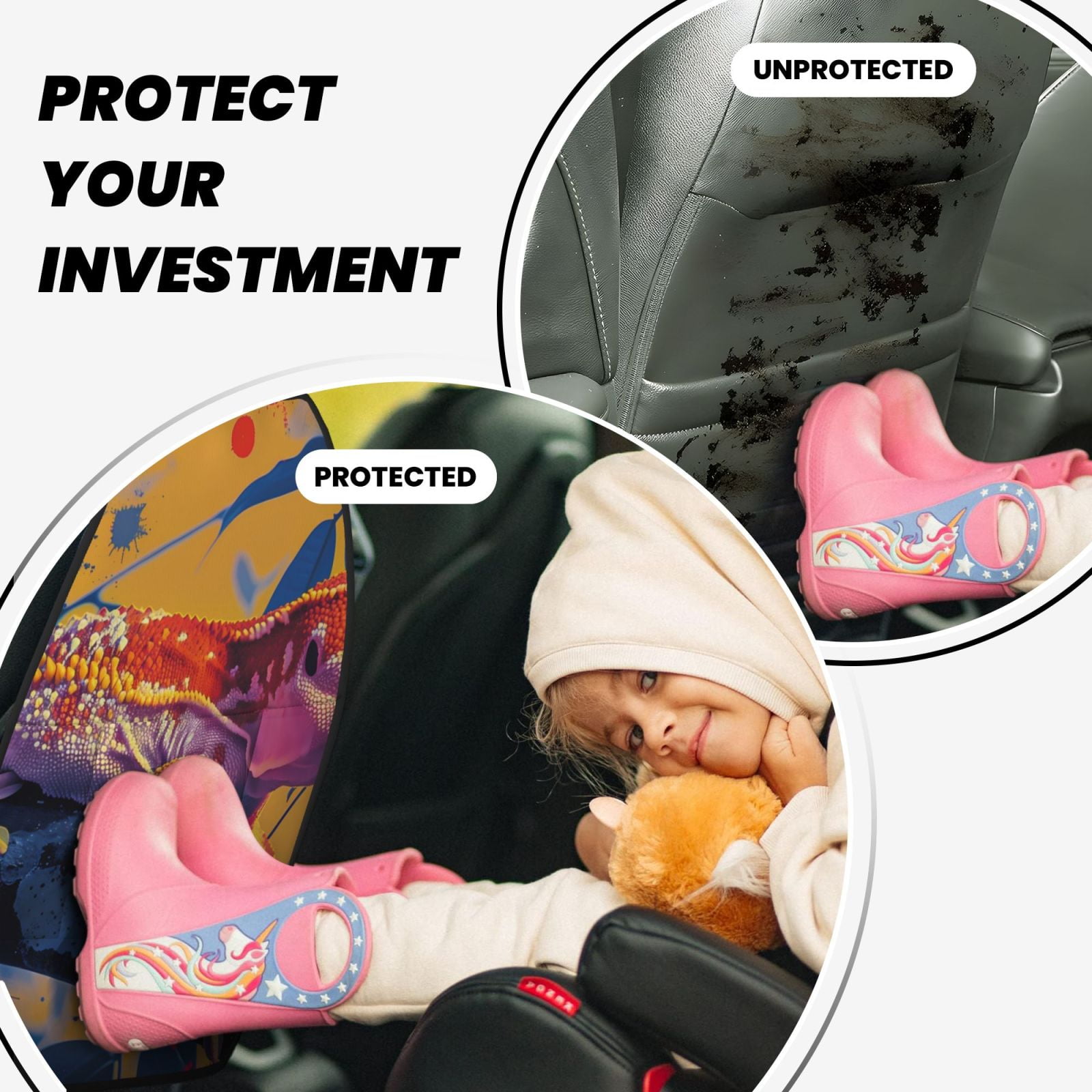 Kdxio Colorful Gecko Jungle Art Print 2 Pack Car Kick Mat Seat Cover Back Protector Mat with Pockets for Organizer Backseat Protector and Storage Anti Kick Pad for Vehicles