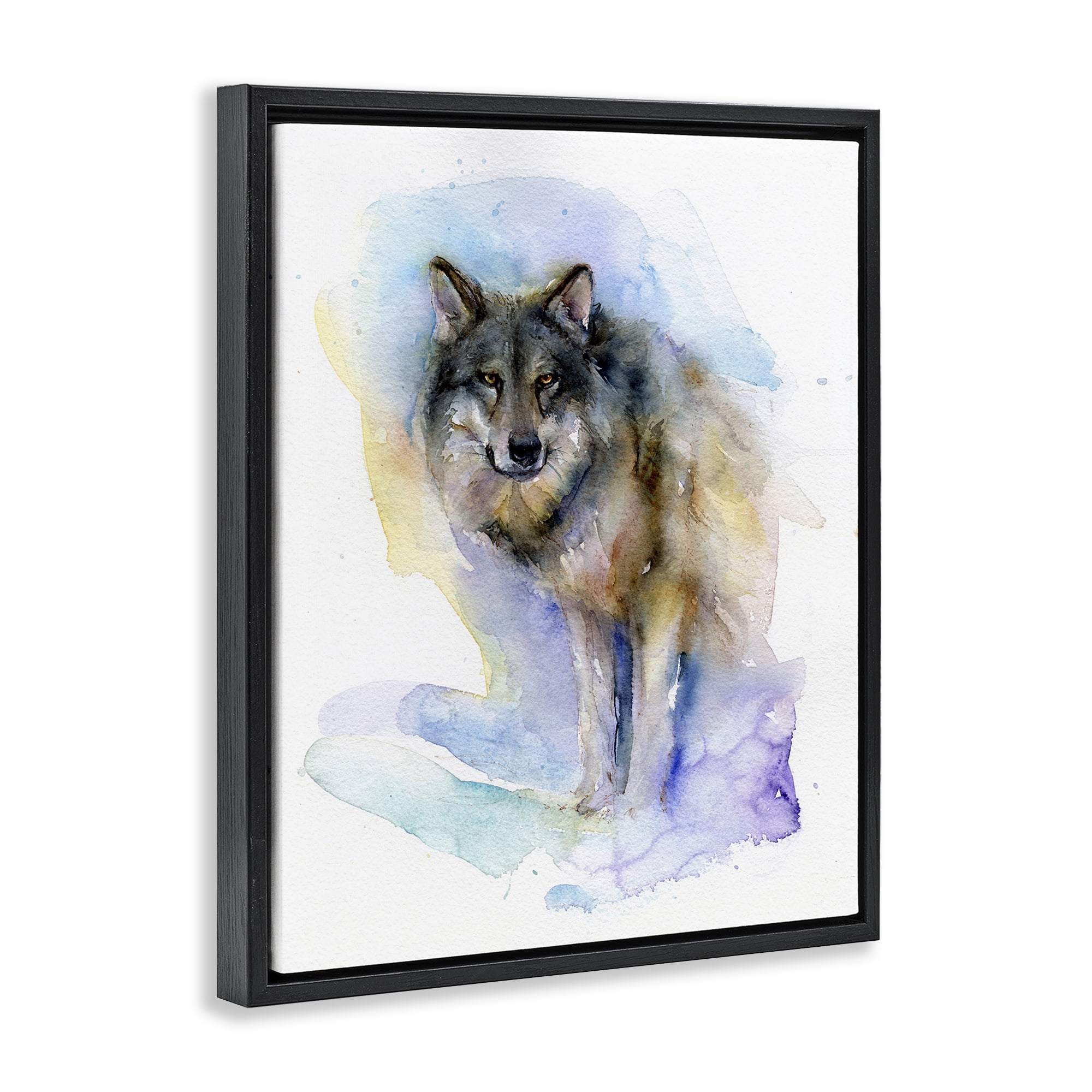 Stupell Industries Watercolor Wolf in Snow Animals & Insects Painting Black Floater Framed Canvas Art Print Wall Art, 25 x 31